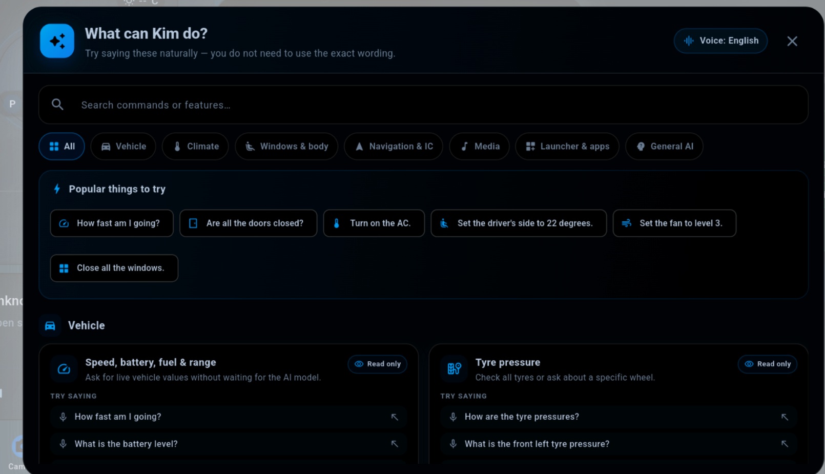 Dark Kim AI Assistance What can Kim do guide showing supported command categories