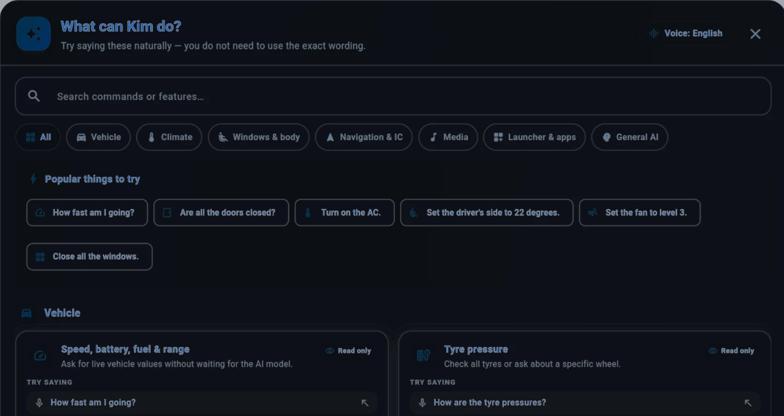 Dark Kim AI Assistance What can Kim do guide showing supported command categories