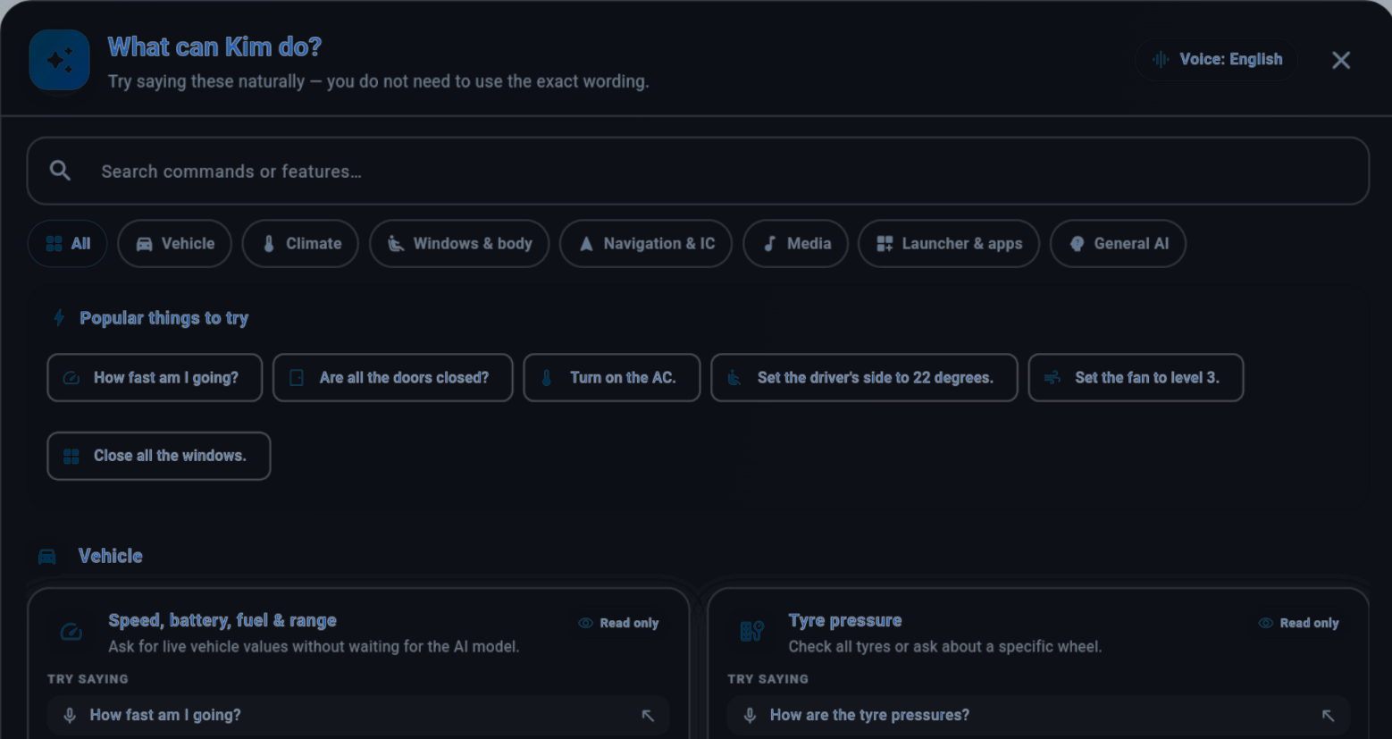 Dark Kim AI Assistance What can Kim do guide showing supported command categories