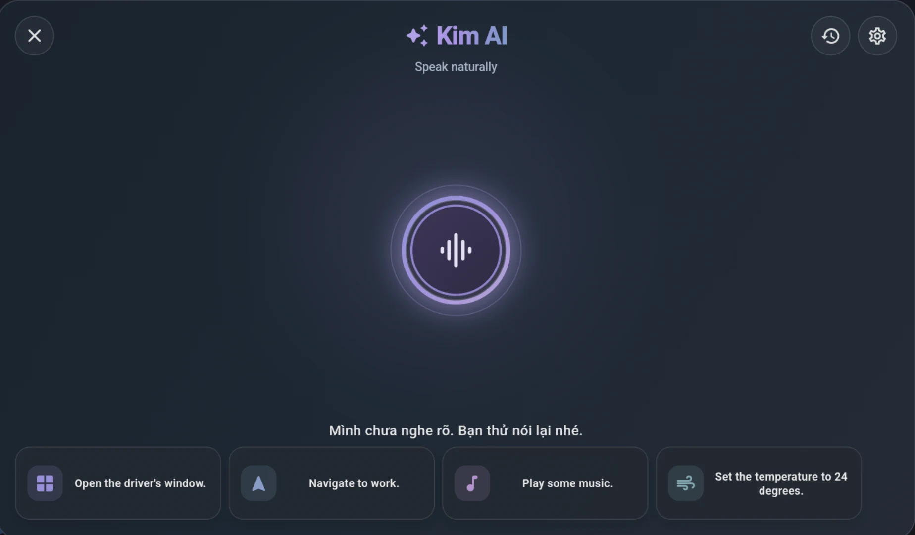 Kim AI listening popup showing Speak naturally and quick example commands