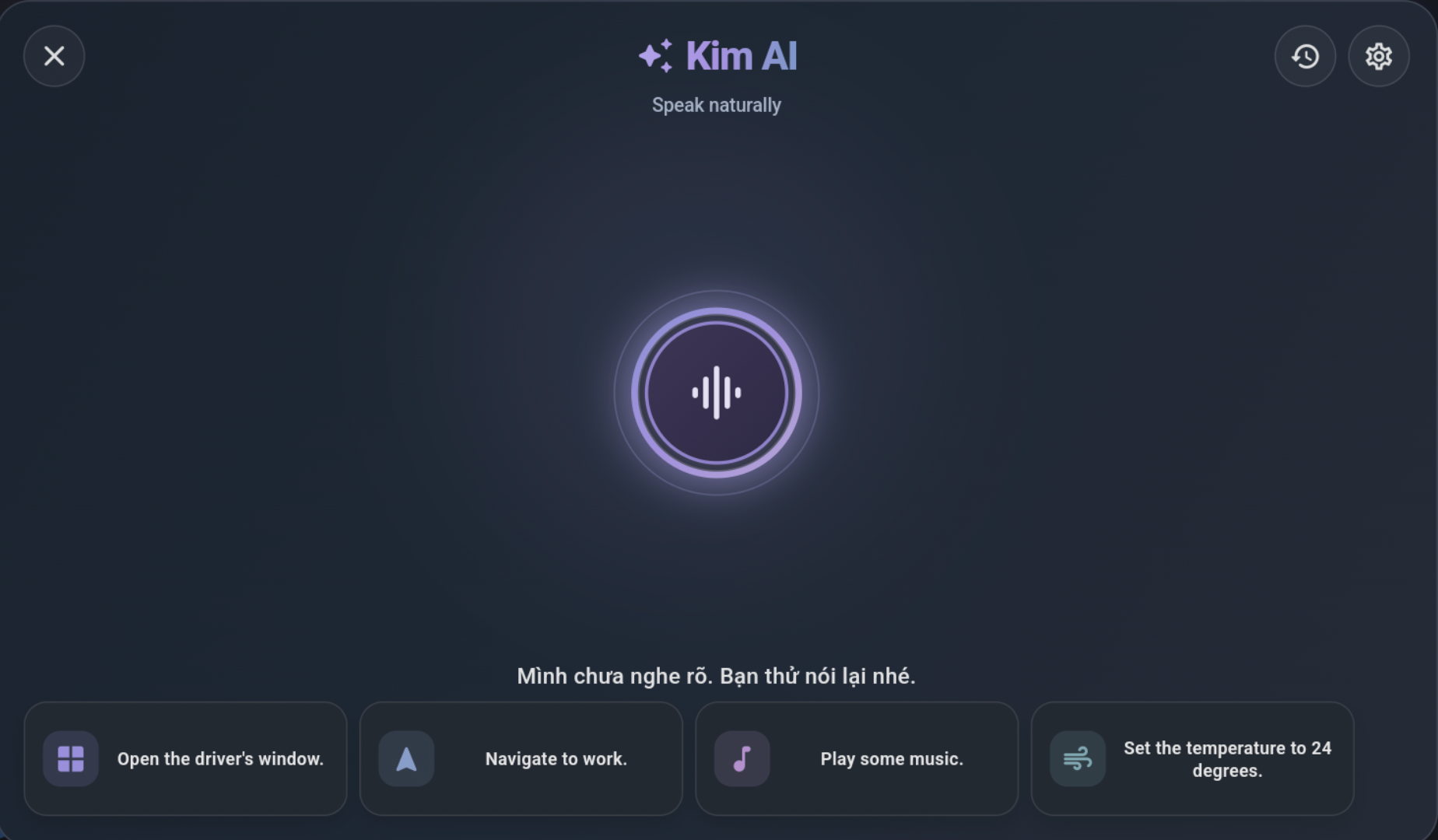 Kim AI listening popup showing Speak naturally and quick example commands