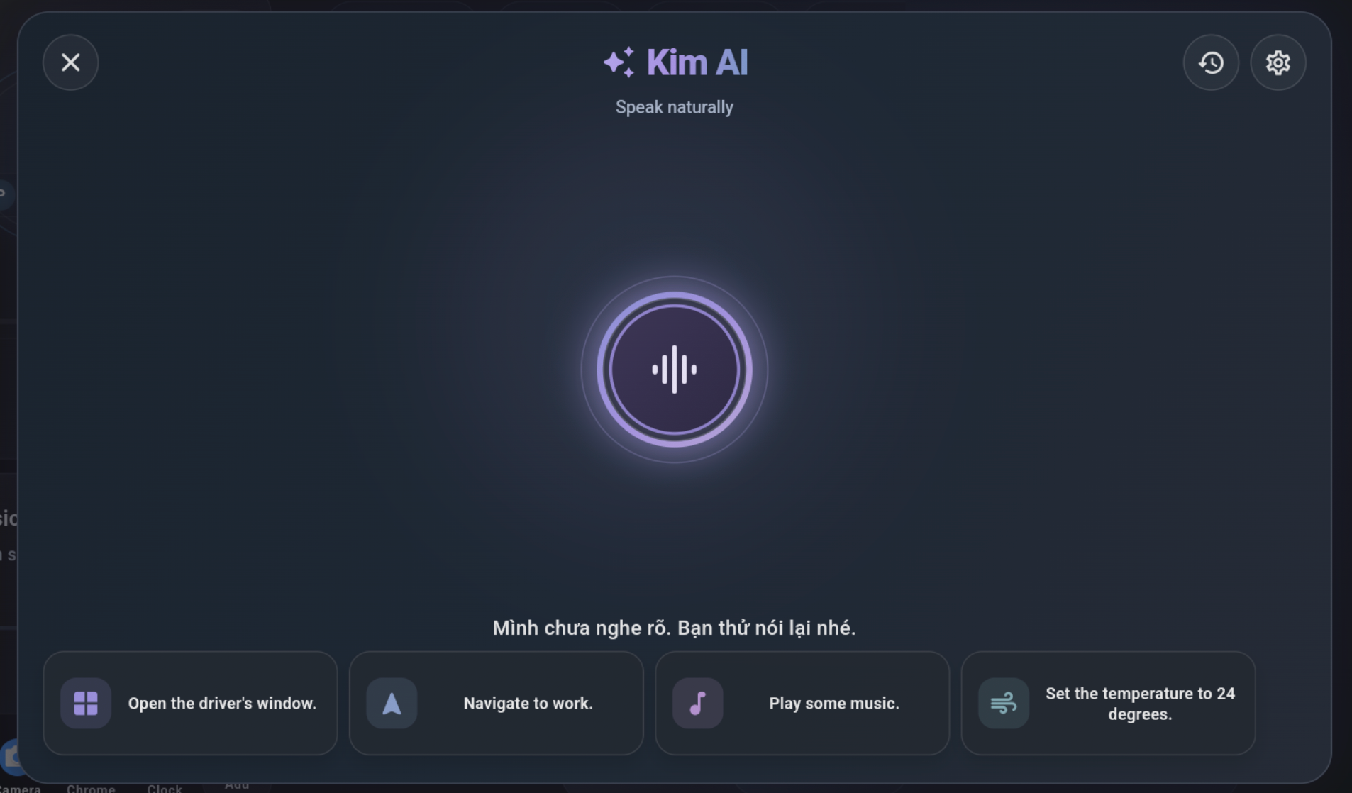 Kim AI listening popup showing Speak naturally and quick example commands