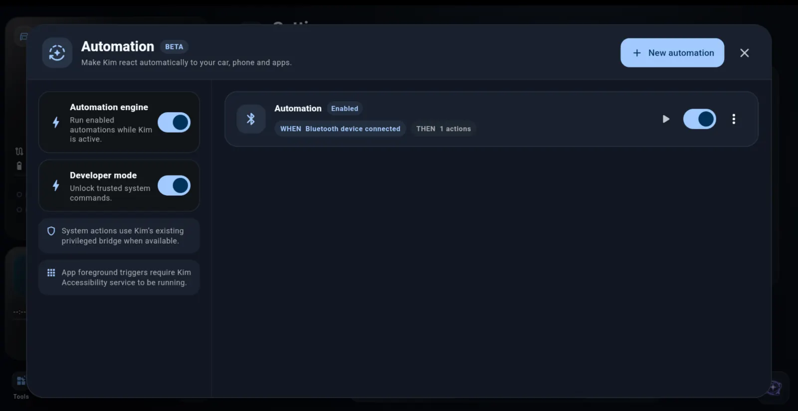Kim Automation screen with a Bluetooth connection trigger and an enabled action
