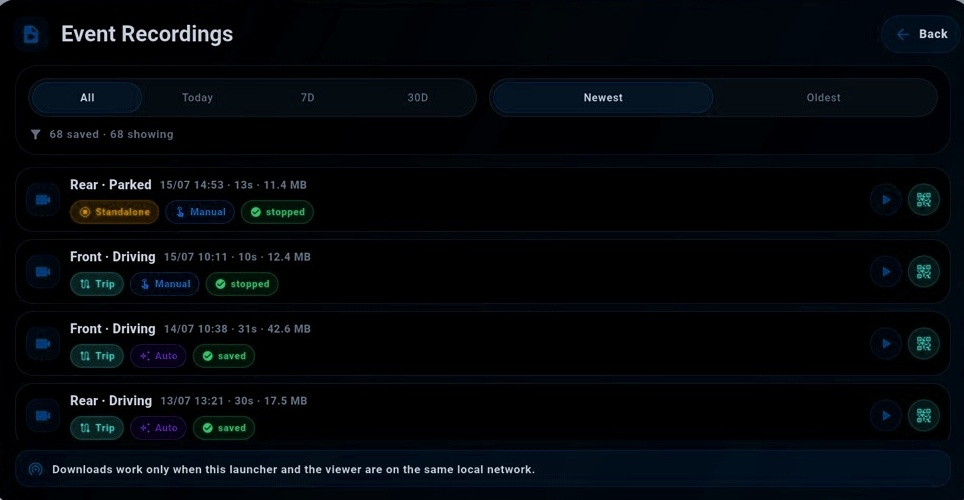 Dark Event Recordings interface showing automatically saved driving clips