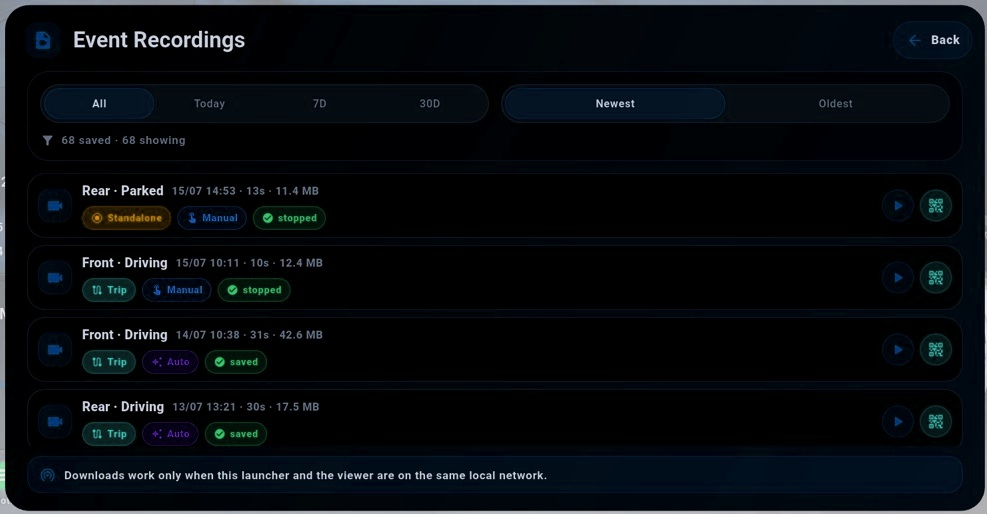 Dark Event Recordings interface showing automatically saved driving clips