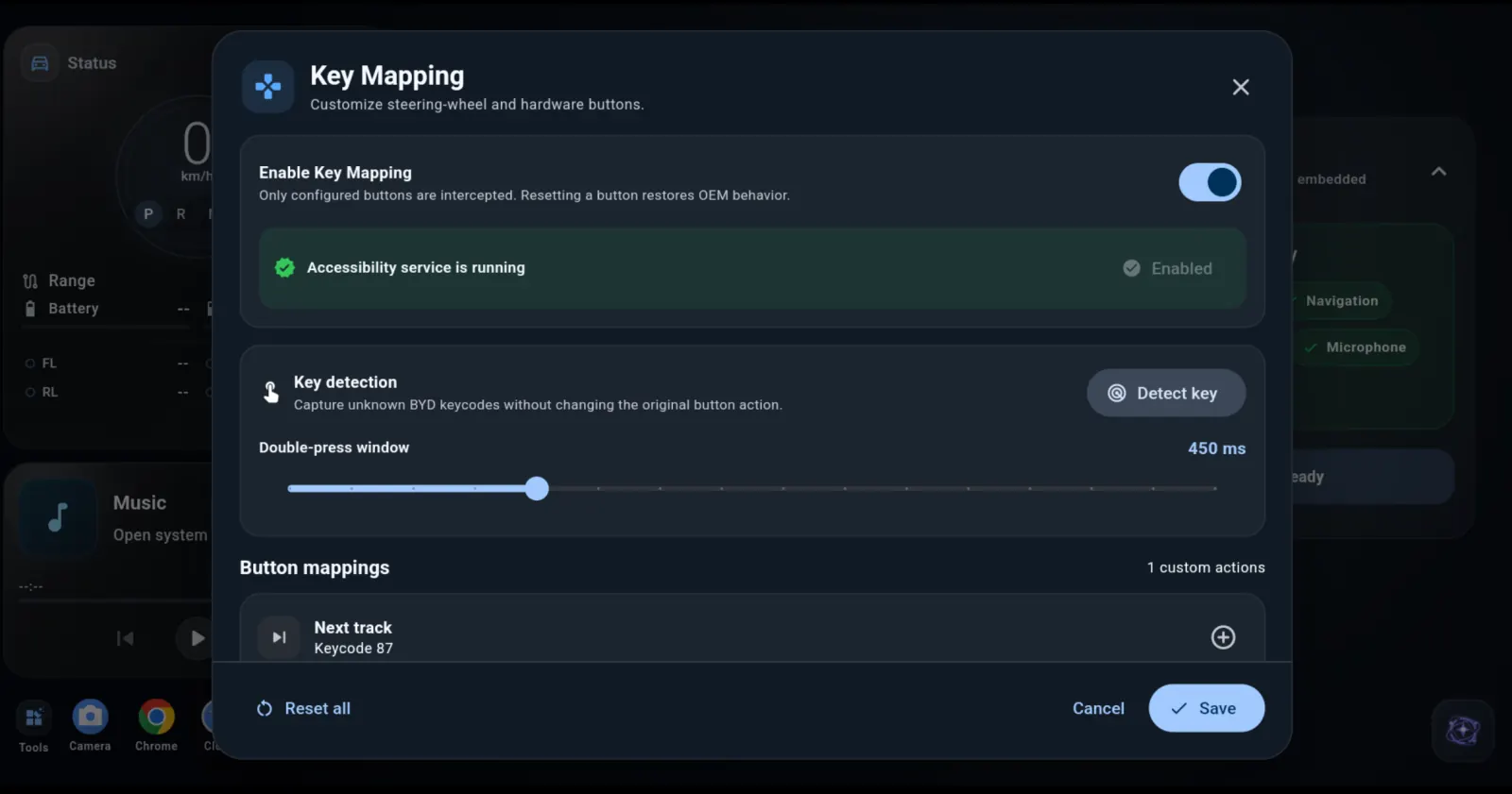 Kim Key Mapping screen for customizing steering-wheel and hardware button actions
