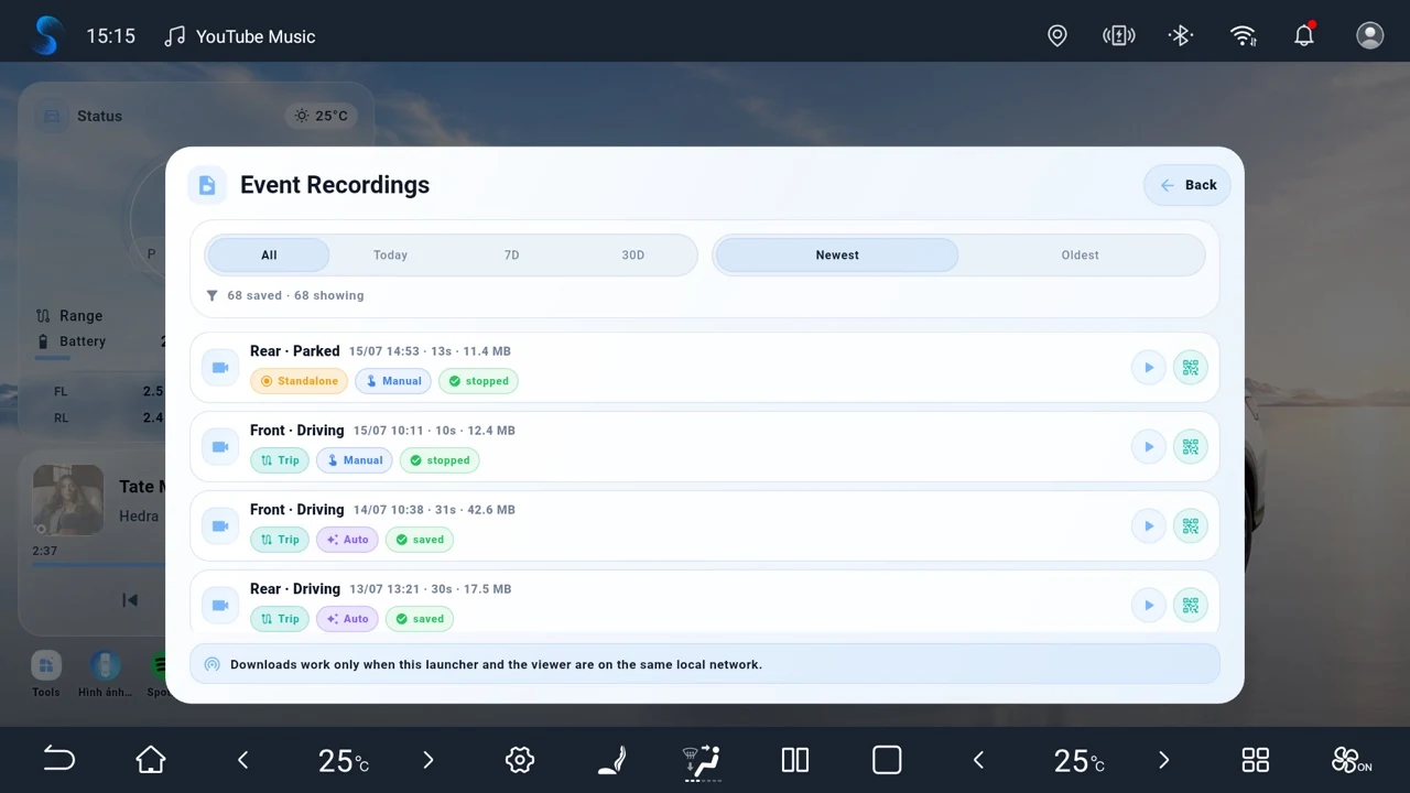 Kim Launcher Event Recordings list with date filters and saved driving footage