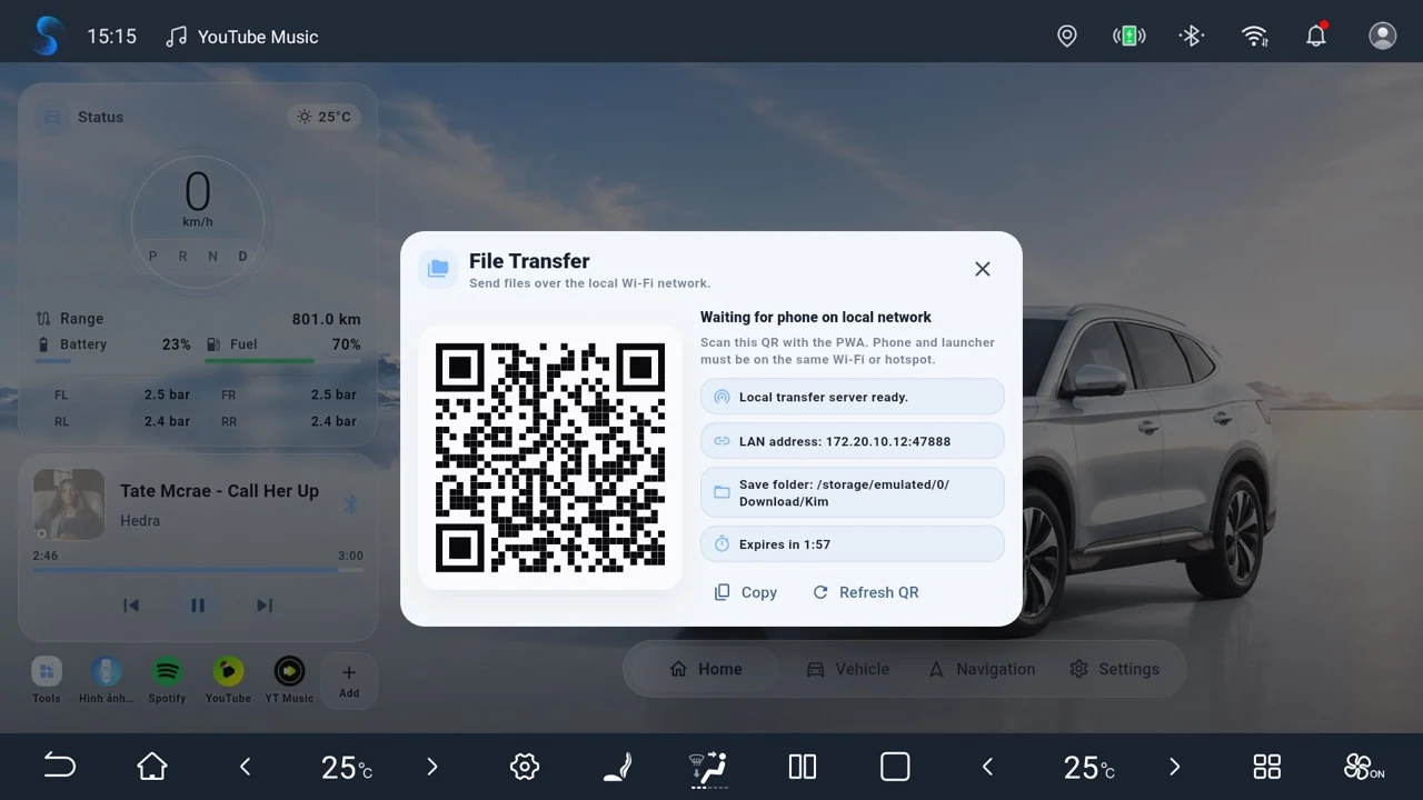 Kim Launcher local file transfer dialog with a QR code for phone pairing