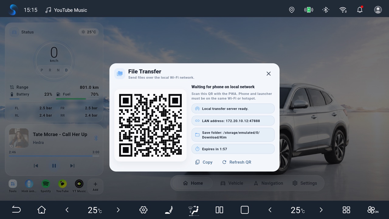 Kim Launcher local file transfer dialog with a QR code for phone pairing