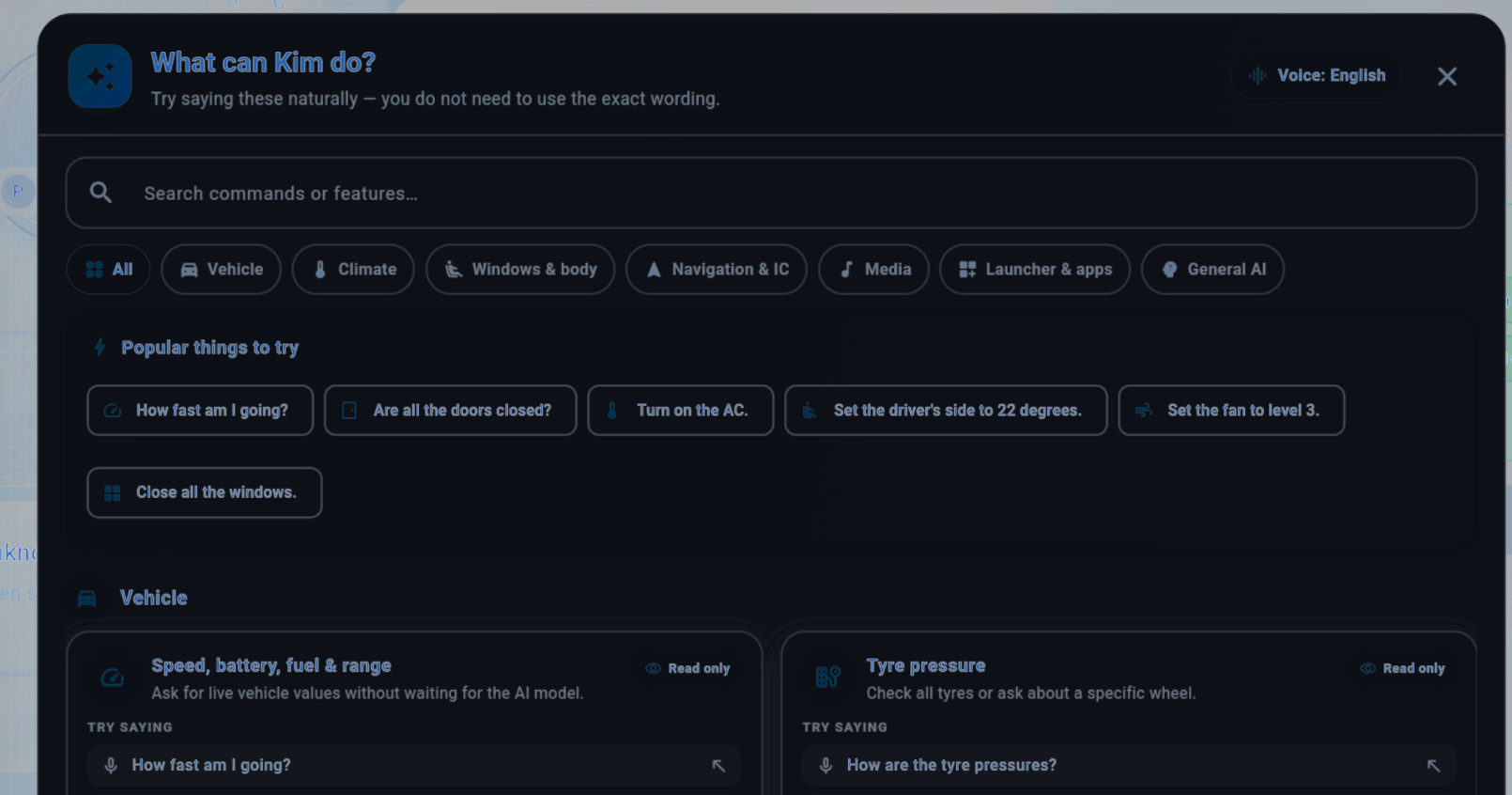 Kim AI Assistance help screen showing supported voice commands and feature categories