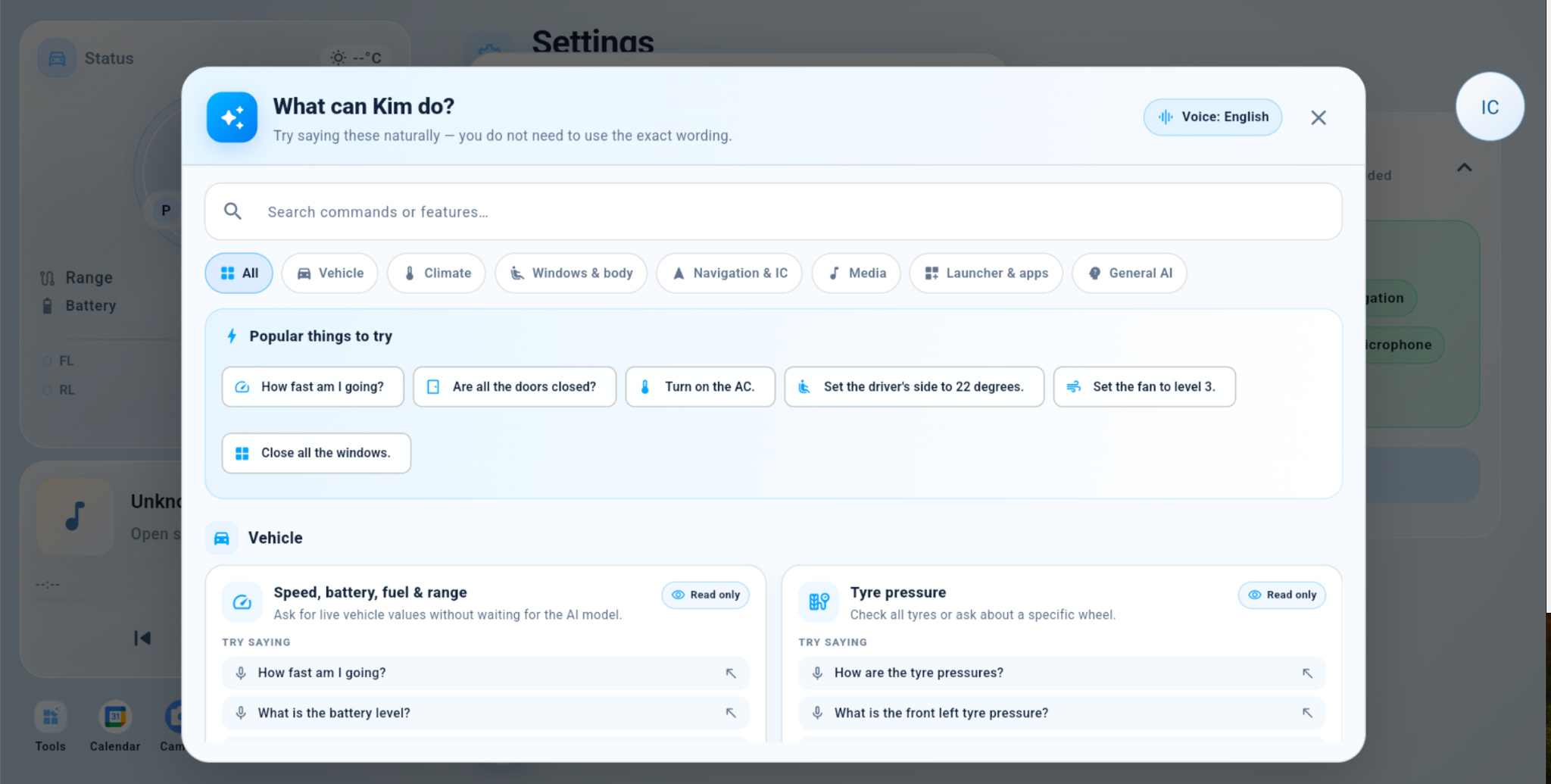 Kim AI Assistance help screen showing supported voice commands and feature categories