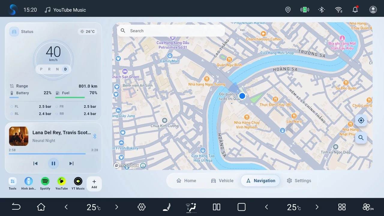 Kim Map navigation displayed beside vehicle status and media controls