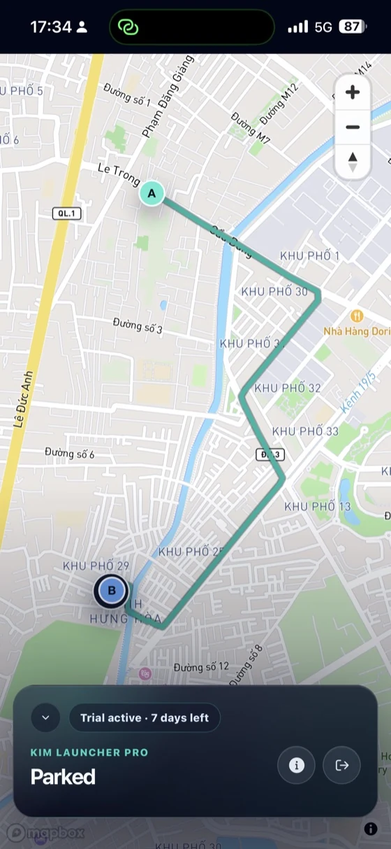 Kim Launcher Pro live map and parked vehicle status on phone