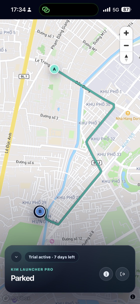 Kim Launcher Pro live map and parked vehicle status on phone